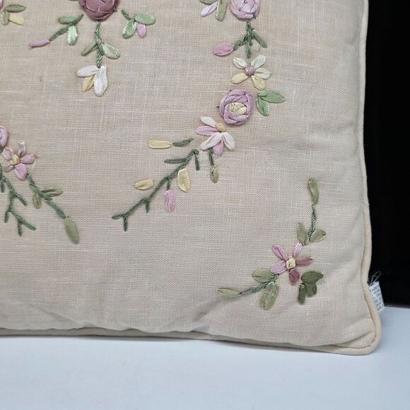 Handmade Linen Small Throw Pillow Silk Floral Embroidery 11" Square - Picture 4 of 9